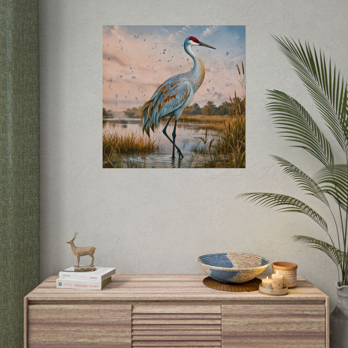 Sandhill Crane Rolled Poster | Wetland Bird Art, Marsh Landscape