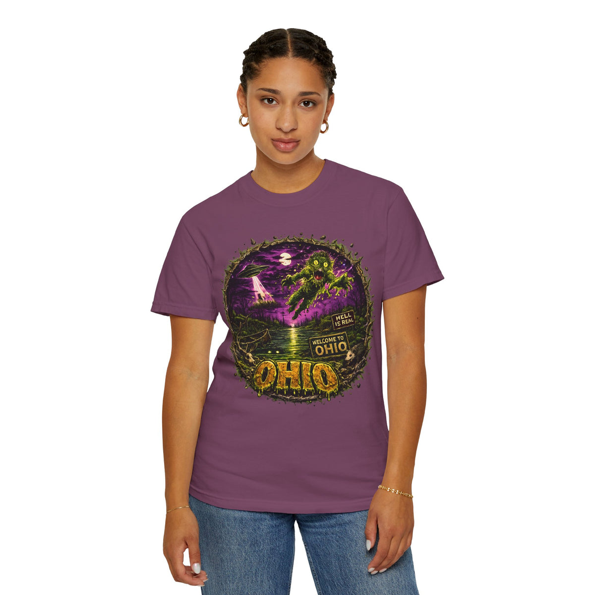 Ohio Horror Shirt, Lake Erie Monster Graphic, Cryptid UFO Horror Tee, Midwest Gothic Alien Swamp Design, Retro Halloween Unisex Garment Dyed
