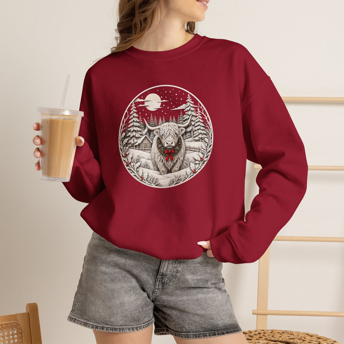 Christmas Highland Cow Sweatshirt, Winter Highland Cow Crewneck, Cozy Christmas Cow Sweatshirt, Rustic Holiday Sweatshirt