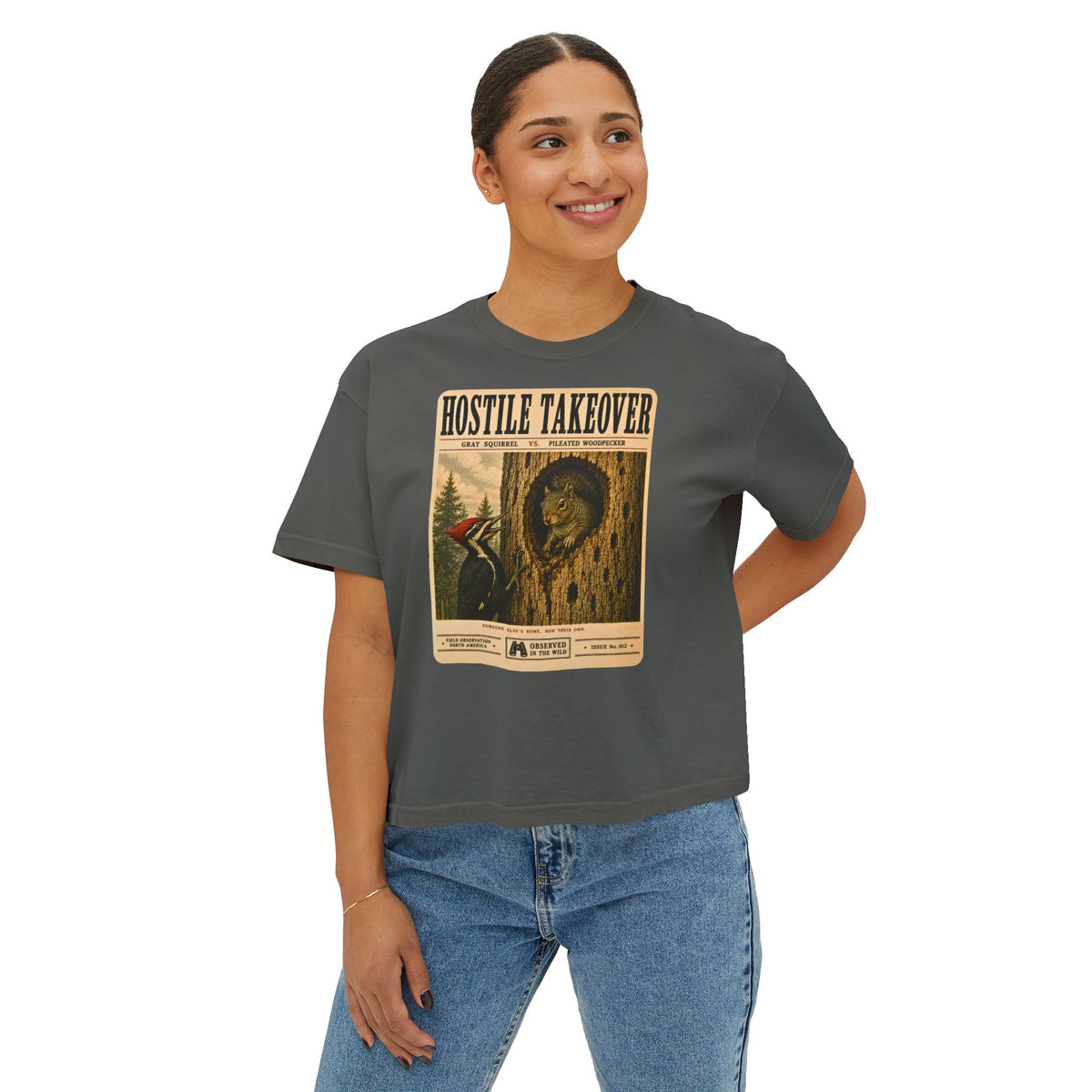 Hostile Takeover Boxy Tee | Woodpecker & Squirrel Shirt | Funny Birdwatching Graphic Tee | Vintage Nature Poster | Wildlife Gift