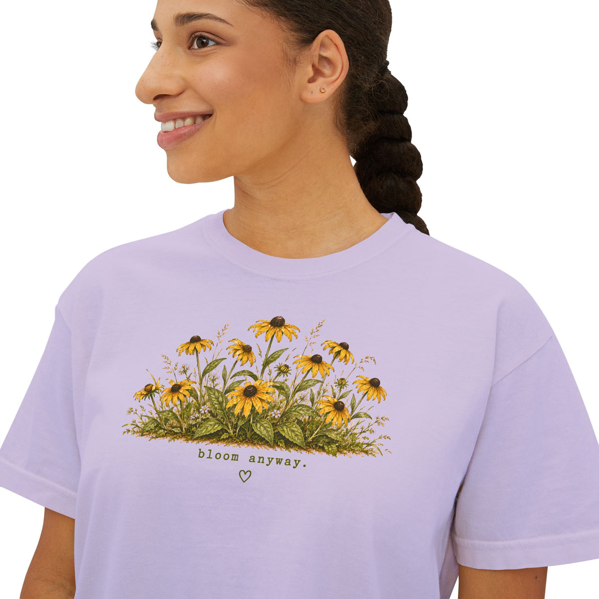 Bloom Anyway Boxy Tee | Black-Eyed Susan Wildflower Shirt | Cottagecore Floral Graphic Tee | Women's Relaxed Cropped Nature Shirt