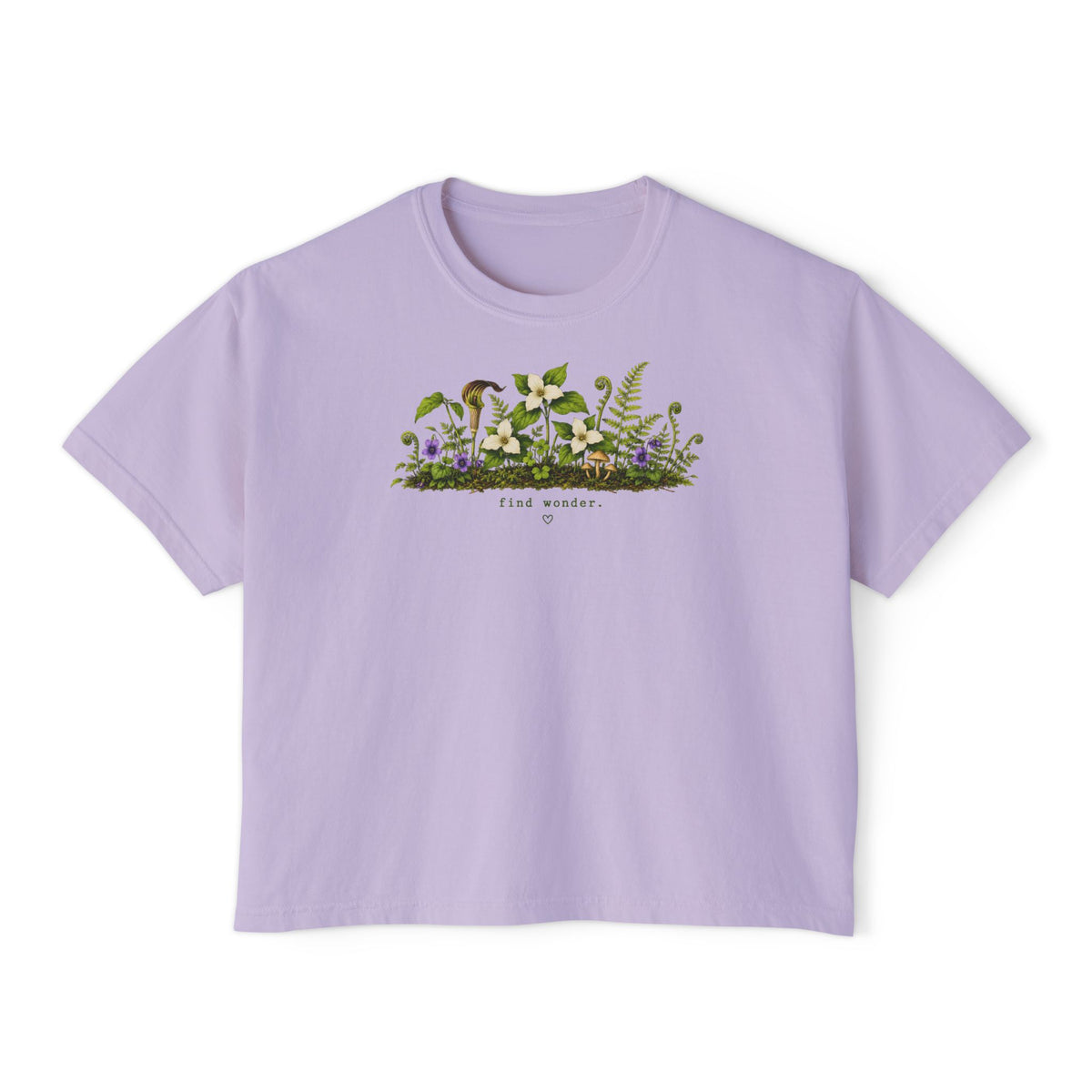 Find Wonder Boxy Tee | Woodland Wildflower Shirt | Cottagecore Mushroom Graphic Tee | Women's Relaxed Cropped Nature Shirt