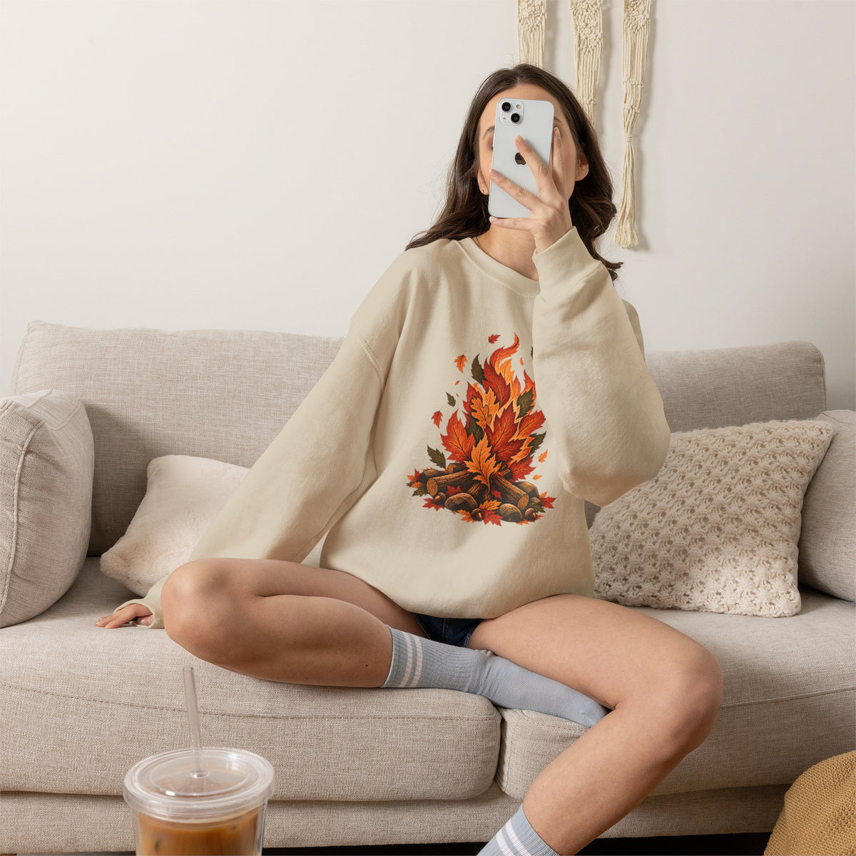 Autumn Leaf Bonfire Sweatshirt, Fall Leaves Campfire Crewneck, Cozy Fall Sweatshirt, Vintage Nature Shirt, Camping Pullover