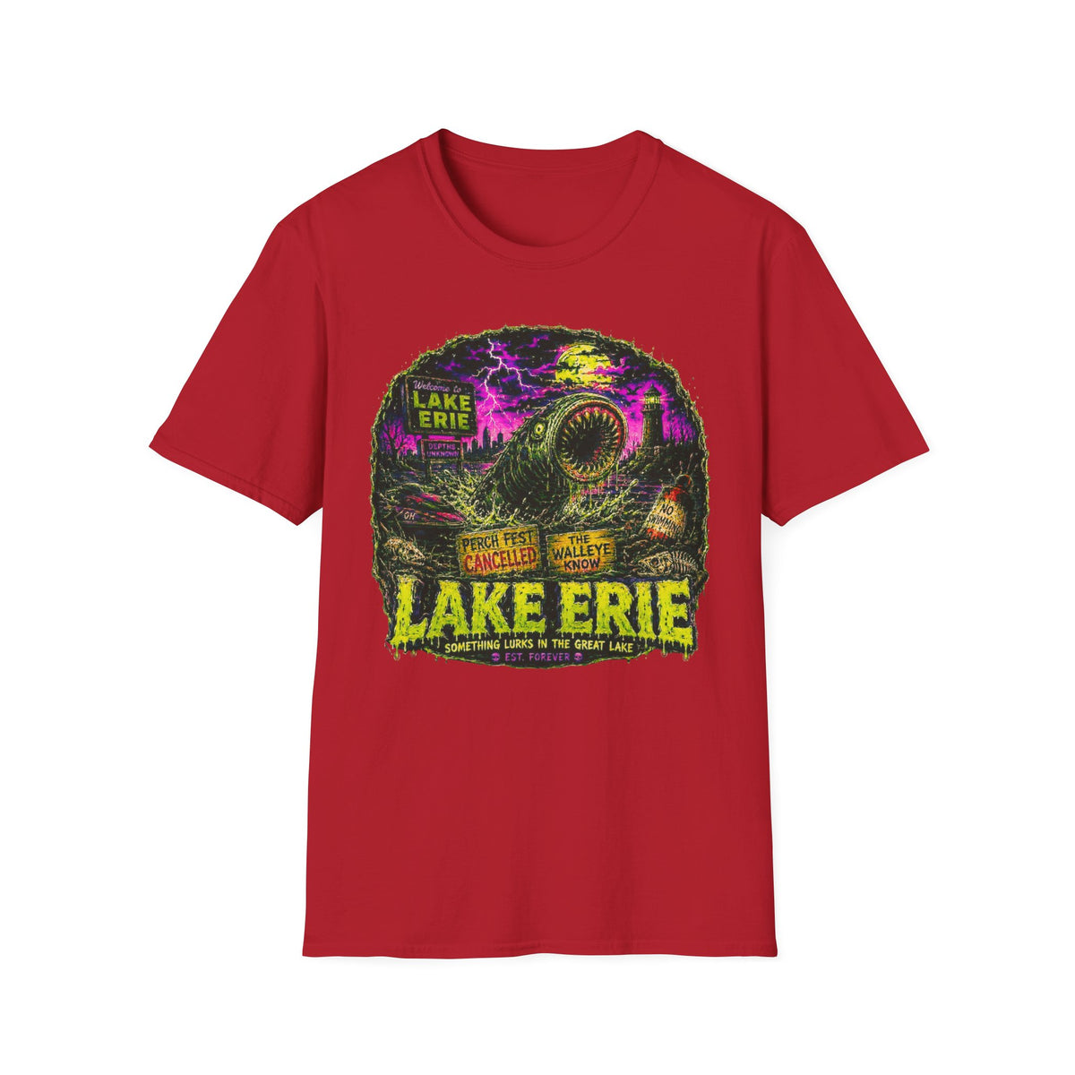 Lake Erie Cryptid Horror Graphic, Midwest Gothic Monster Apparel, Walleye Know Retro Tourism Design, Analog Horror Streetwear