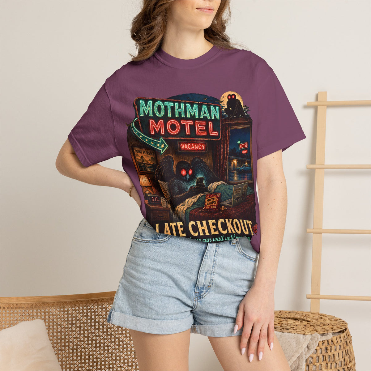 Mothman Motel Late Checkout T-Shirt | Cryptid Retro Horror Art