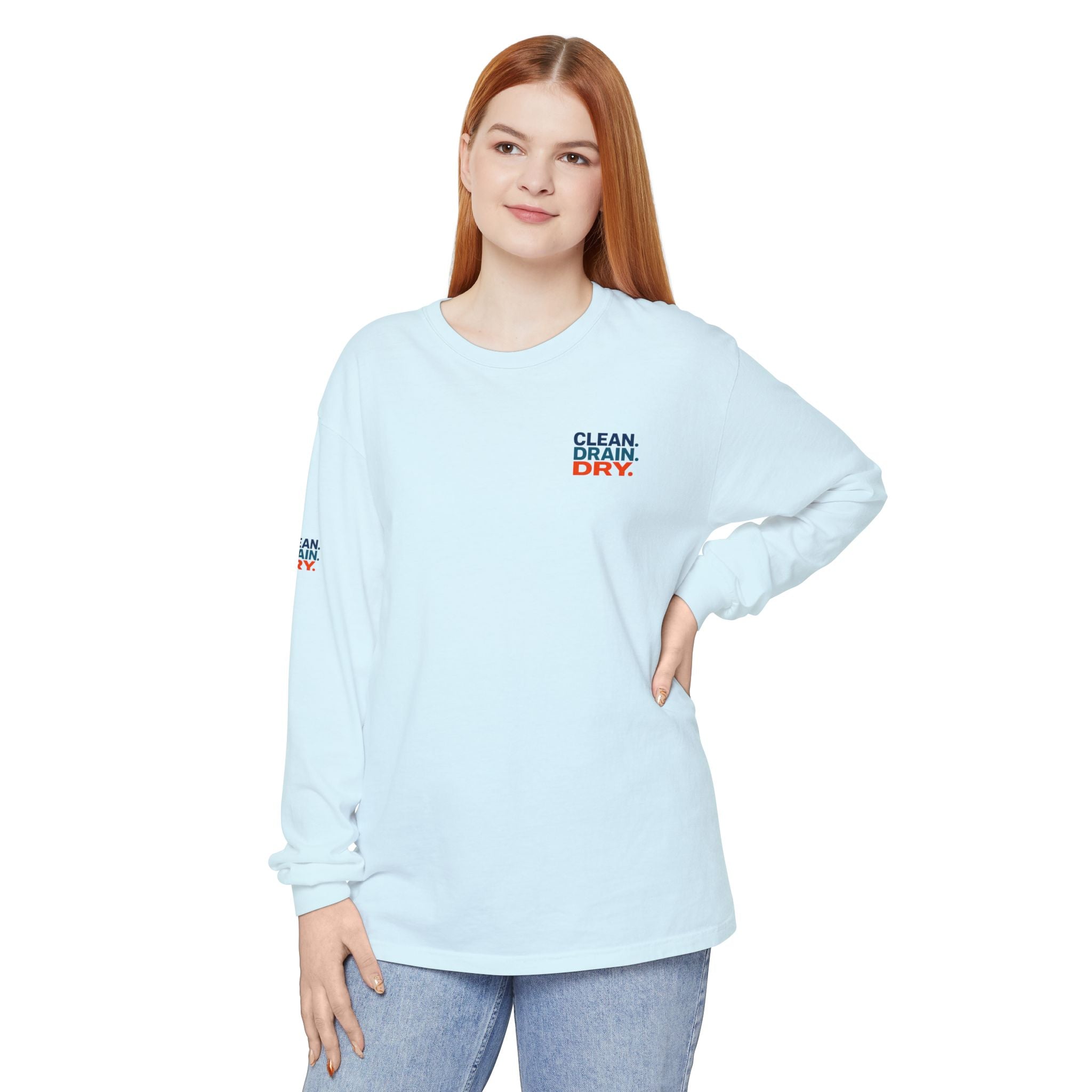 Long Sleeve Tee — "Clean. Drain. Dry." Lake Conservation Shirt