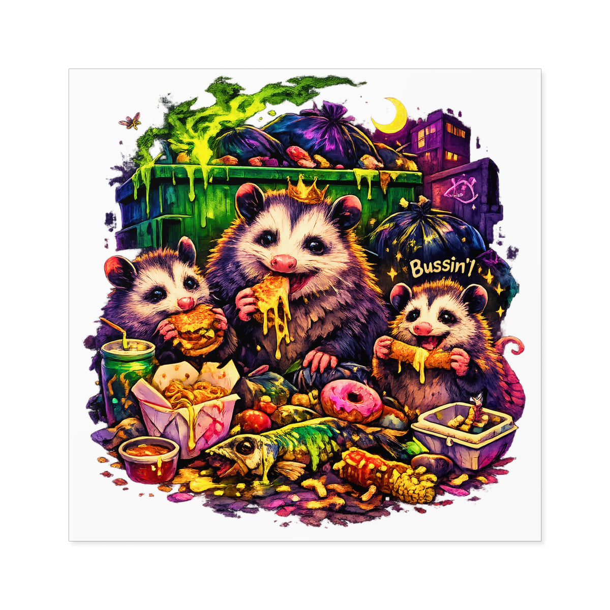 Bussin Opossum Square Sticker | Funny Dumpster Feast Vinyl Decal