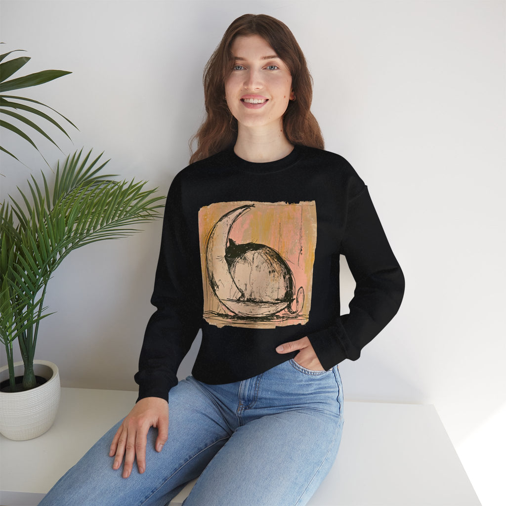 Sketch Moon Cat Crewneck Sweatshirt | Celestial Cat Illustration