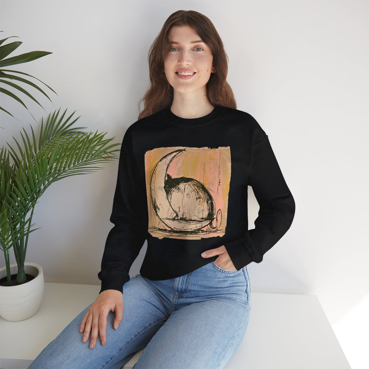 Sketch Moon Cat Crewneck Sweatshirt | Celestial Cat Illustration