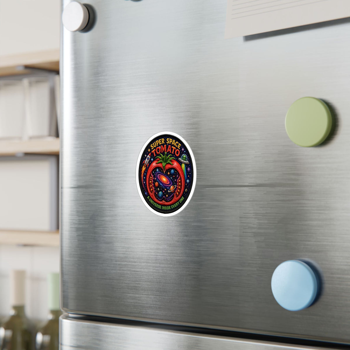 Super Space Tomato Sticker, Cosmic Patch Decal, Retro Galaxy Vinyl, Funny Space Food Art, Psychedelic Sci Fi