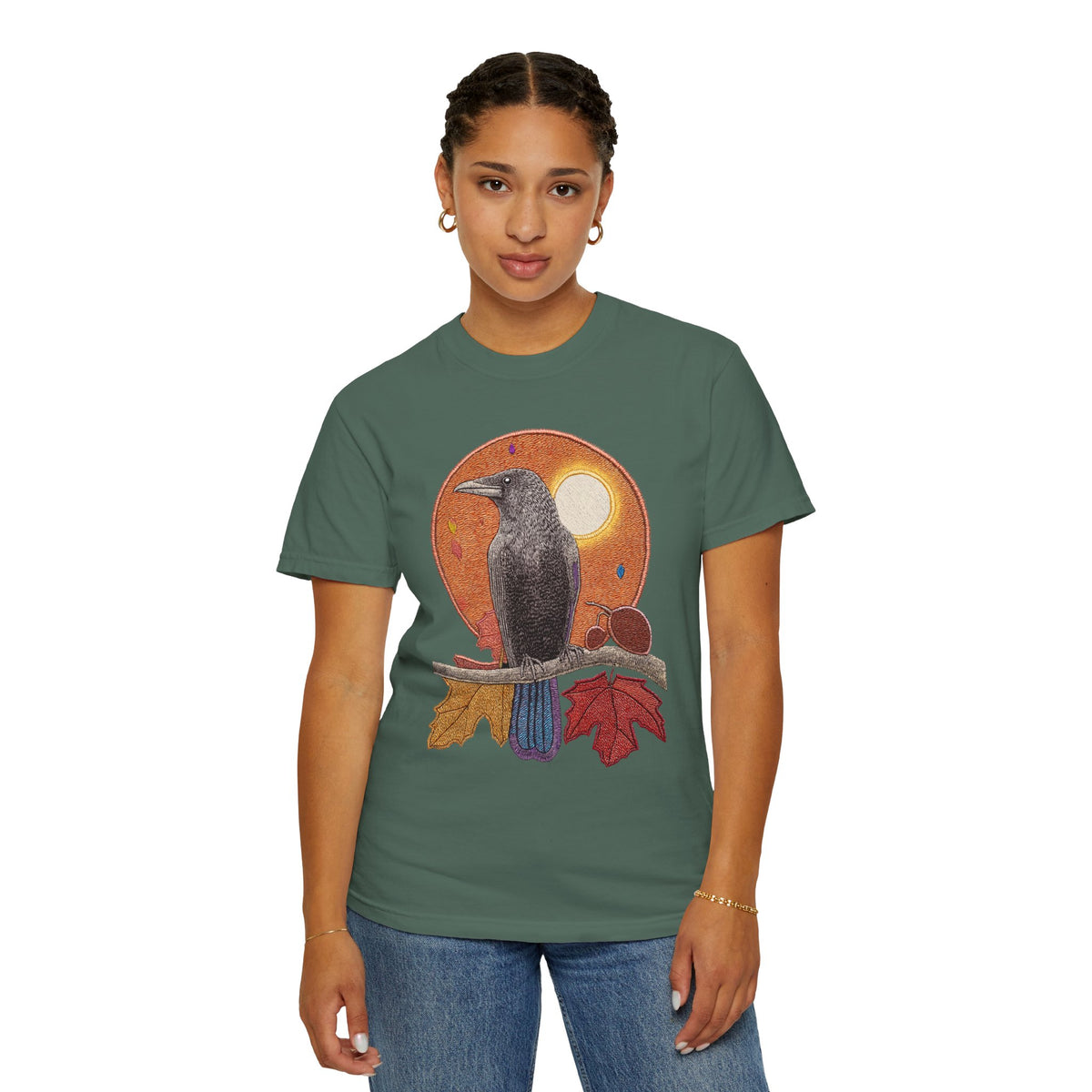 Autumn Crow Illustration T-shirt | Raven, Fall Leaves, Harvest Moon