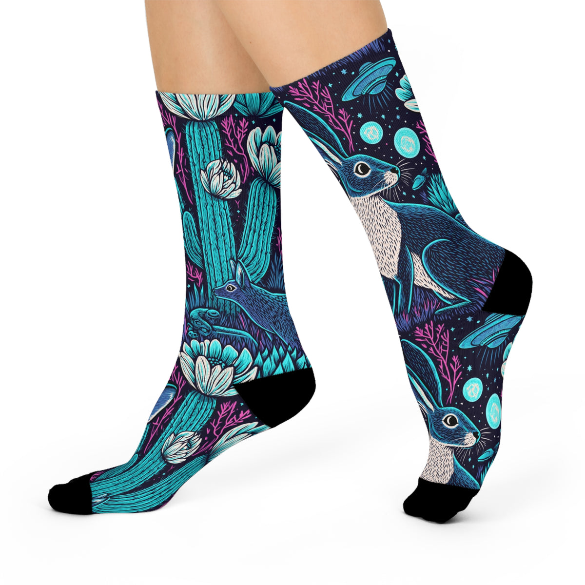 Neon Desert Night Crew Socks | Blue Jackrabbit UFO Cactus