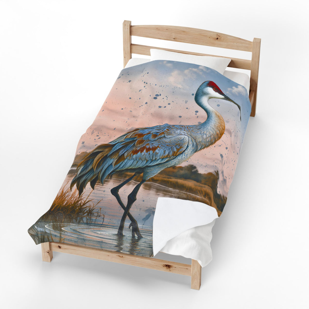 Sandhill Crane Art Velveteen Plush Blanket | Watercolor Marsh Bird Illustration