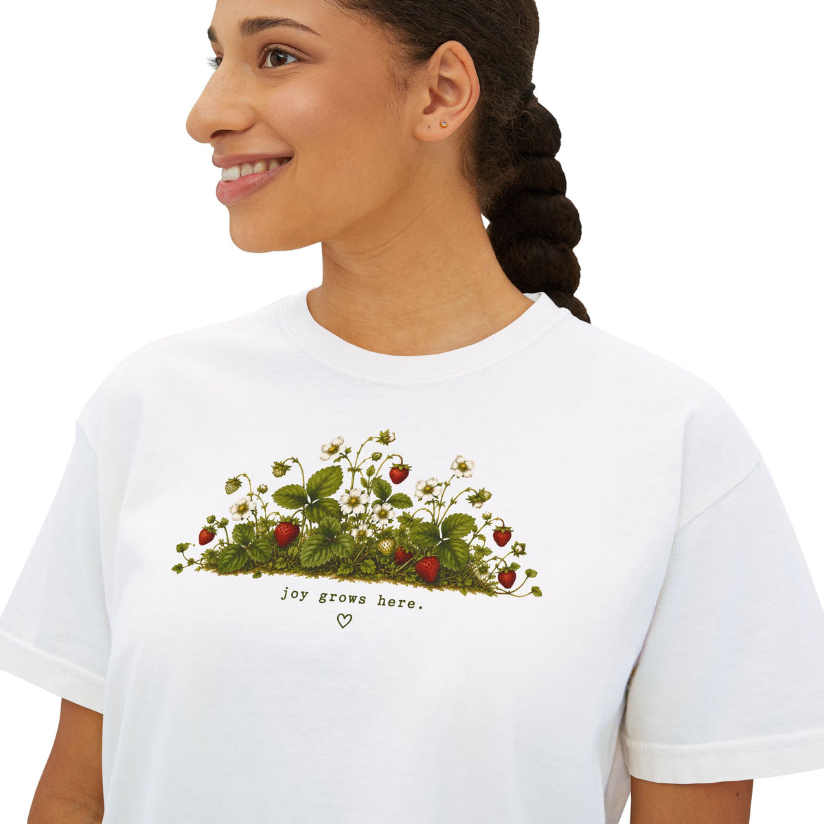 Joy Grows Here Boxy Tee | Strawberry Blossom Cottagecore Shirt | Cute Women's Cropped Relaxed Graphic Tee