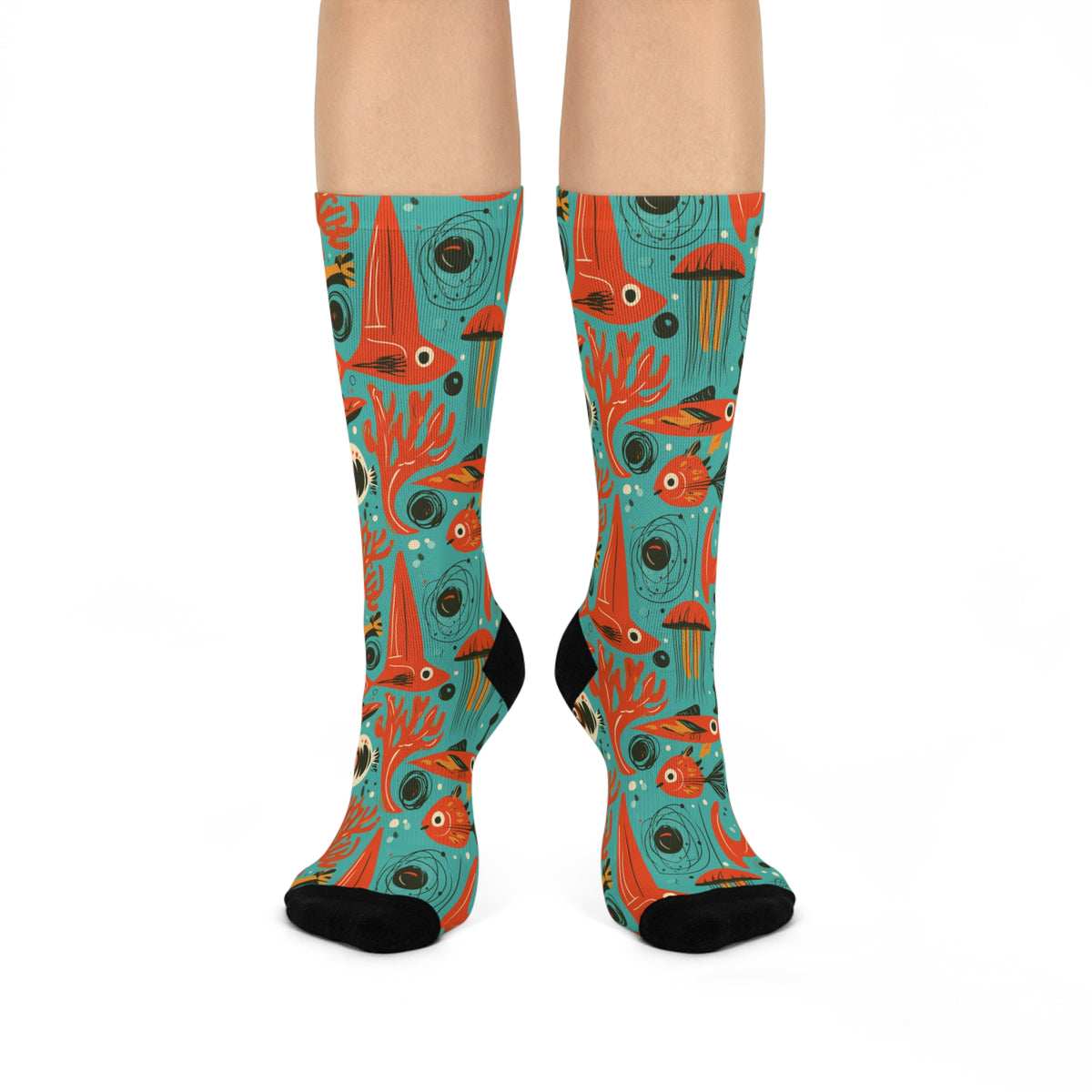 Atomic Aquarium Crew Socks | Retro Orange Fish & Jellyfish