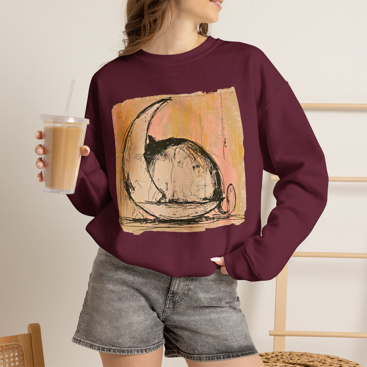 Sketch Moon Cat Crewneck Sweatshirt | Celestial Cat Illustration