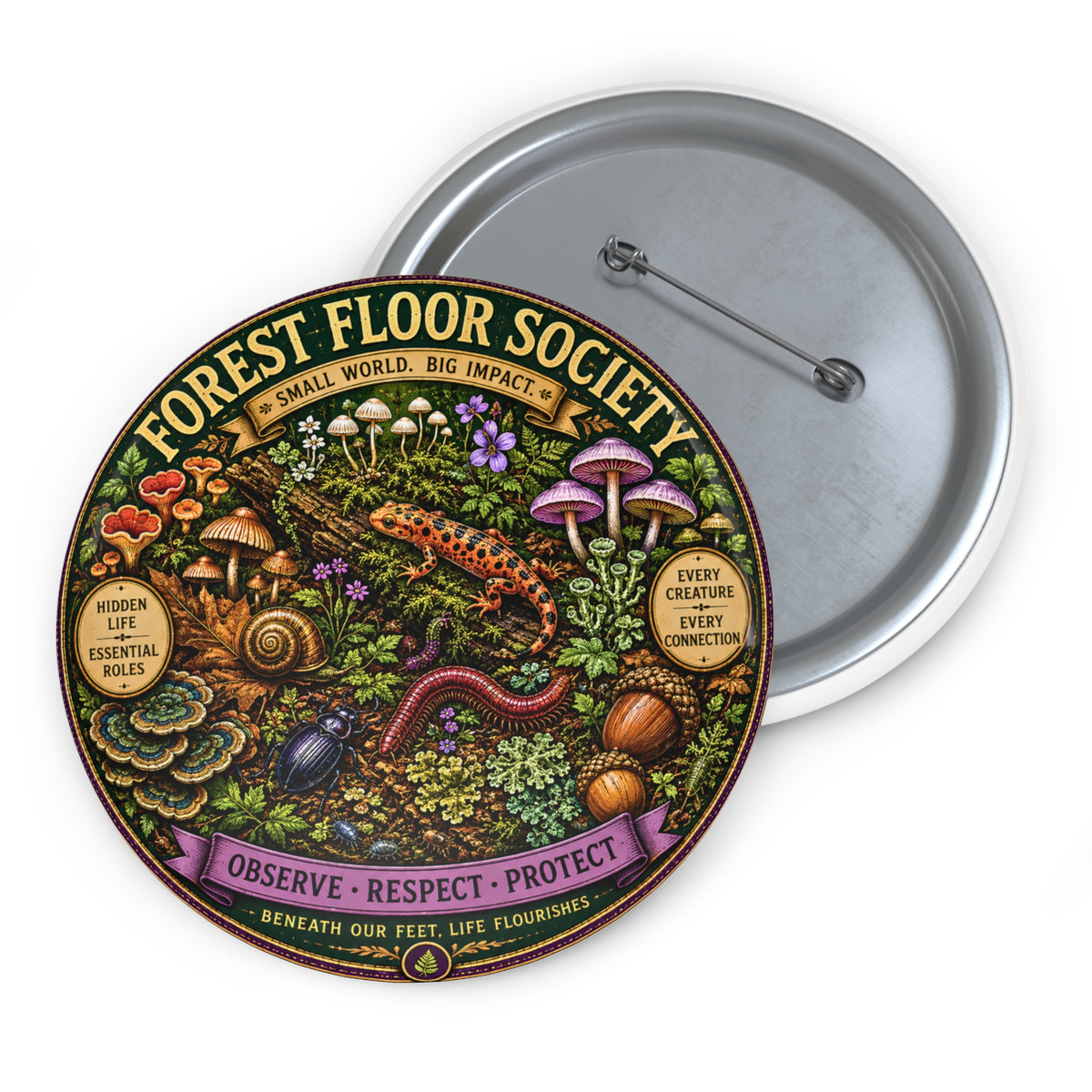 Forest Floor Society pin button, nature conservation enamel-style lapel pin
