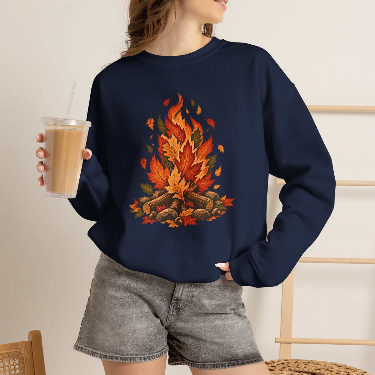 Autumn Leaf Bonfire Sweatshirt, Fall Leaves Campfire Crewneck, Cozy Fall Sweatshirt, Vintage Nature Shirt, Camping Pullover