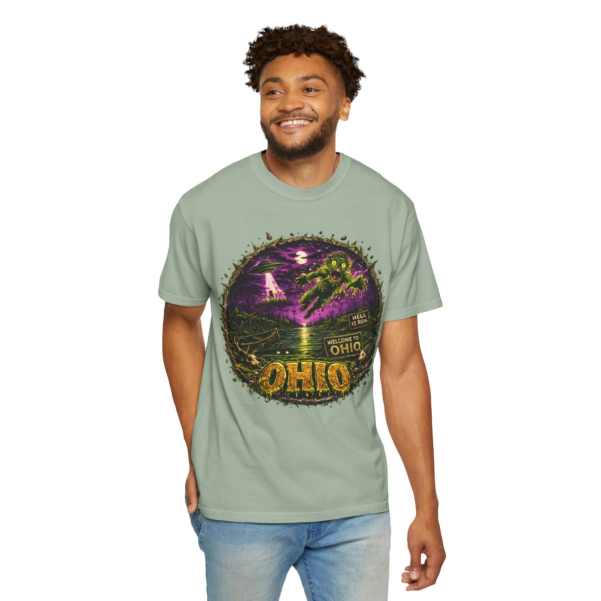 Ohio Horror Shirt, Lake Erie Monster Graphic, Cryptid UFO Horror Tee, Midwest Gothic Alien Swamp Design, Retro Halloween Unisex Garment Dyed