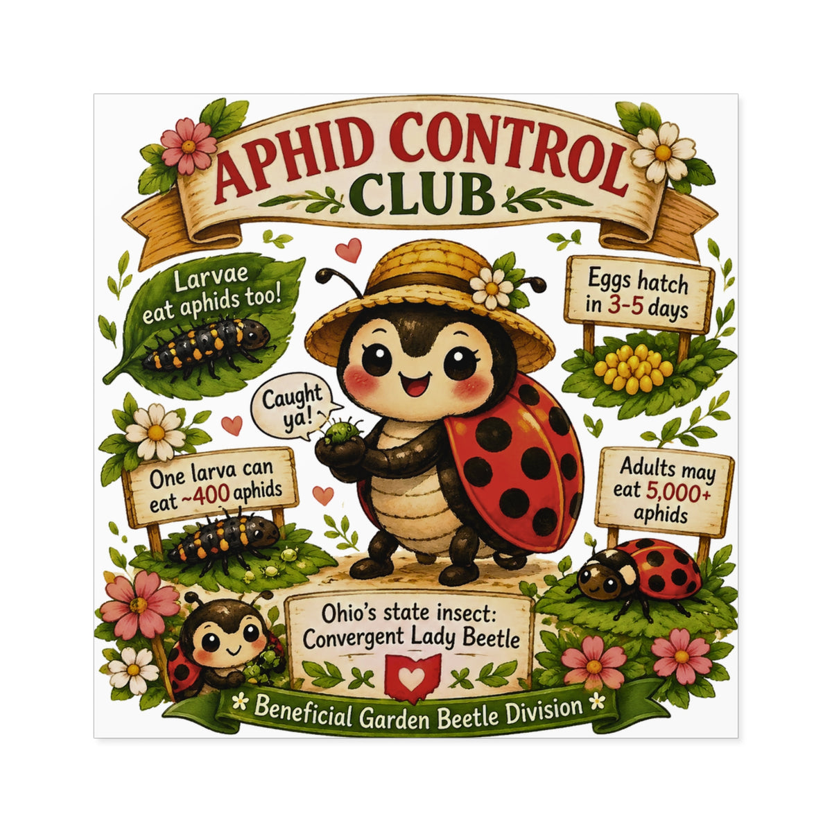 Aphid Control Club Square Sticker Lady Beetle Garden Vinyl Decal