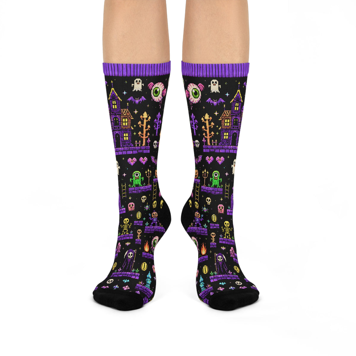 8-Bit Halloween Crew Socks | Retro Pixel Art Spooky Socks | Ghost Skeleton Haunted House UFO Gamer Socks | Neon Gothic Cushion Crew Socks
