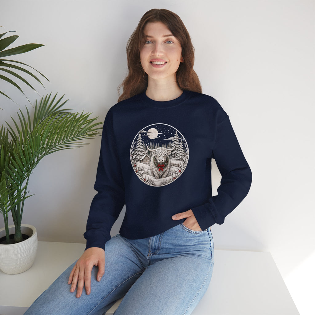 Christmas Highland Cow Sweatshirt, Winter Highland Cow Crewneck, Cozy Christmas Cow Sweatshirt, Rustic Holiday Sweatshirt