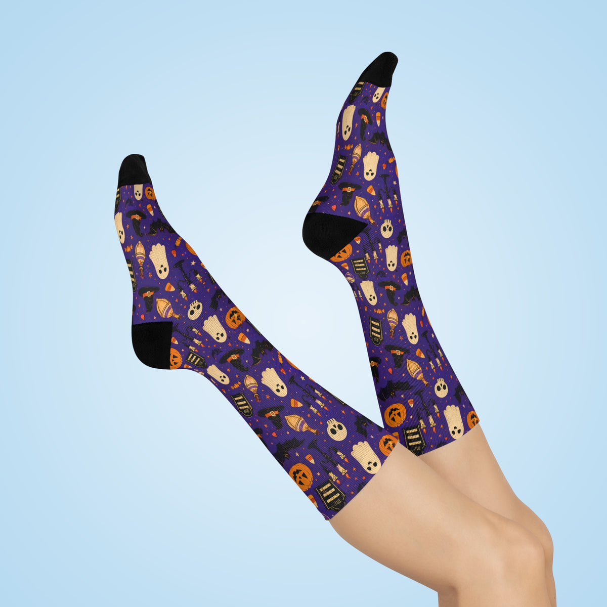 Halloween pattern Ghosts Pumpkins Candy Crew Socks | Purple spooky novelty