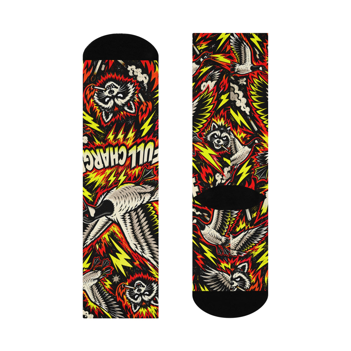 Crazy Goose & Raccoon Crew Socks, Full Charge Bad Idea Graphic Socks, Punk Wildlife Socks, Funny Animal Gift