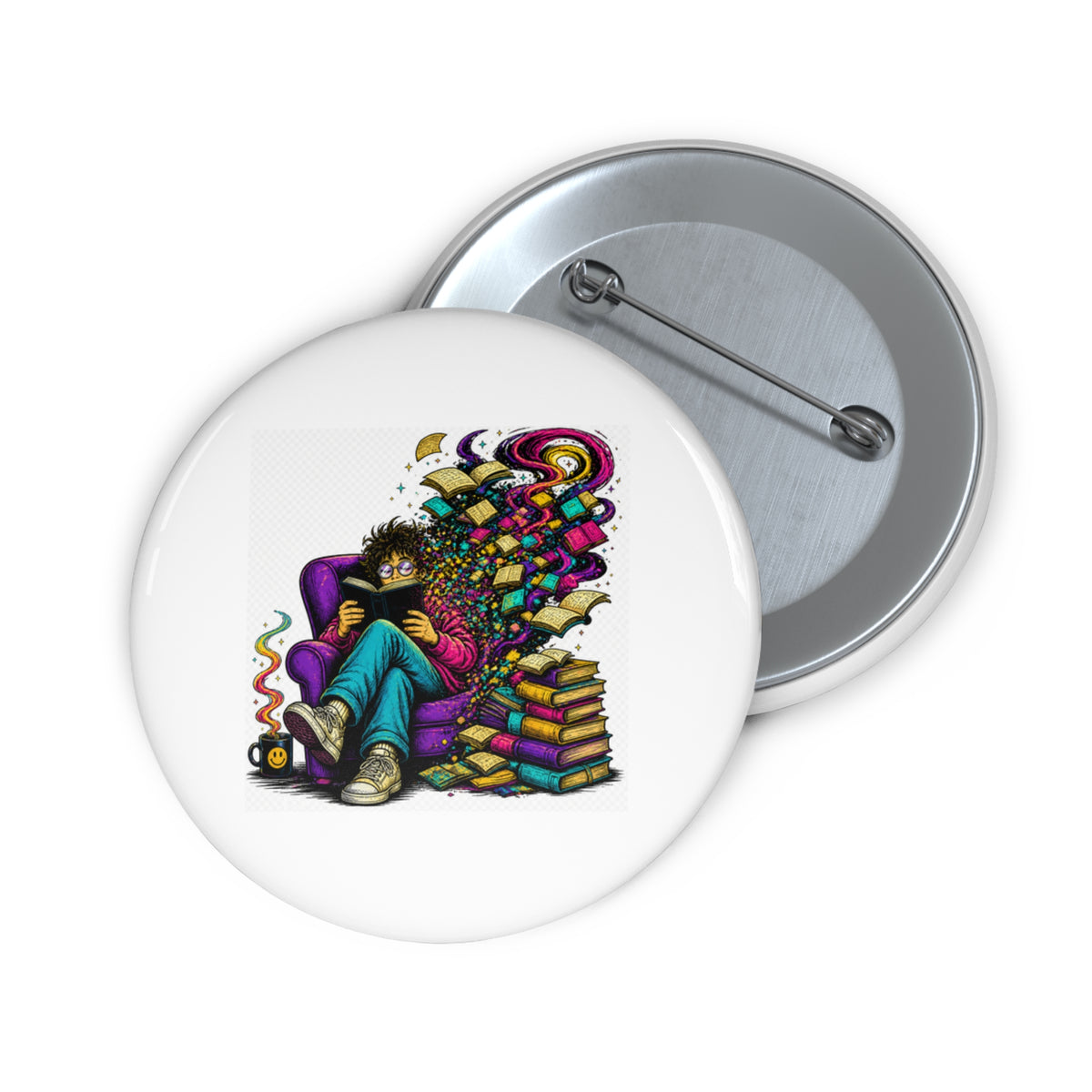 Girl Reading with Colorful Imagination Pin Button | Bookstack Illustration