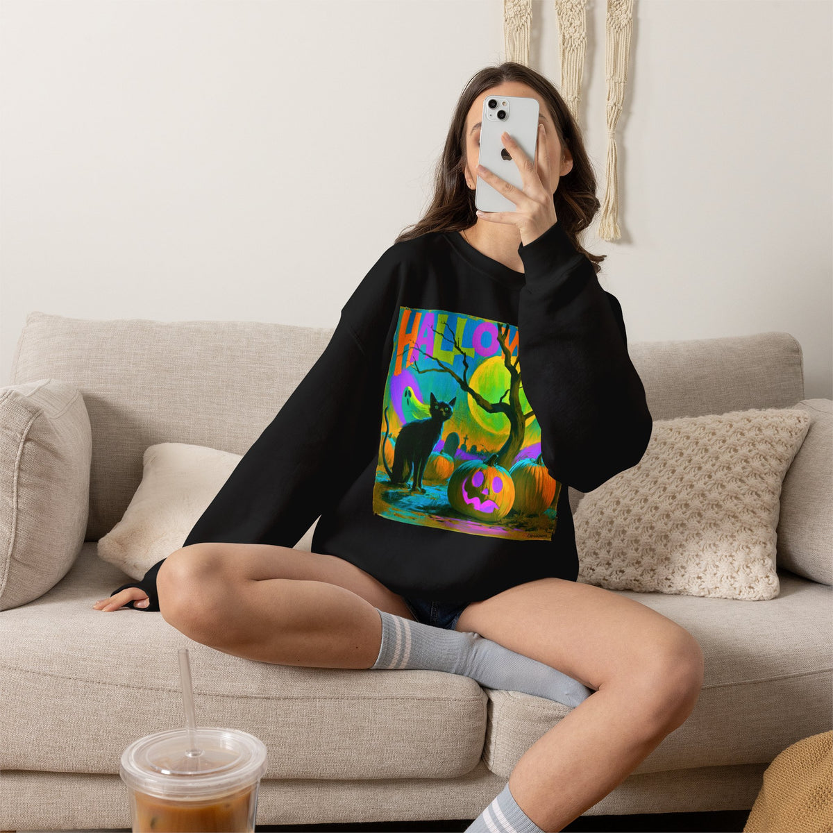 Colorful Halloween Sweatshirt, Black Cat Ghost Pumpkin Crewneck, Neon Spooky Halloween Shirt, Retro Halloween Sweater
