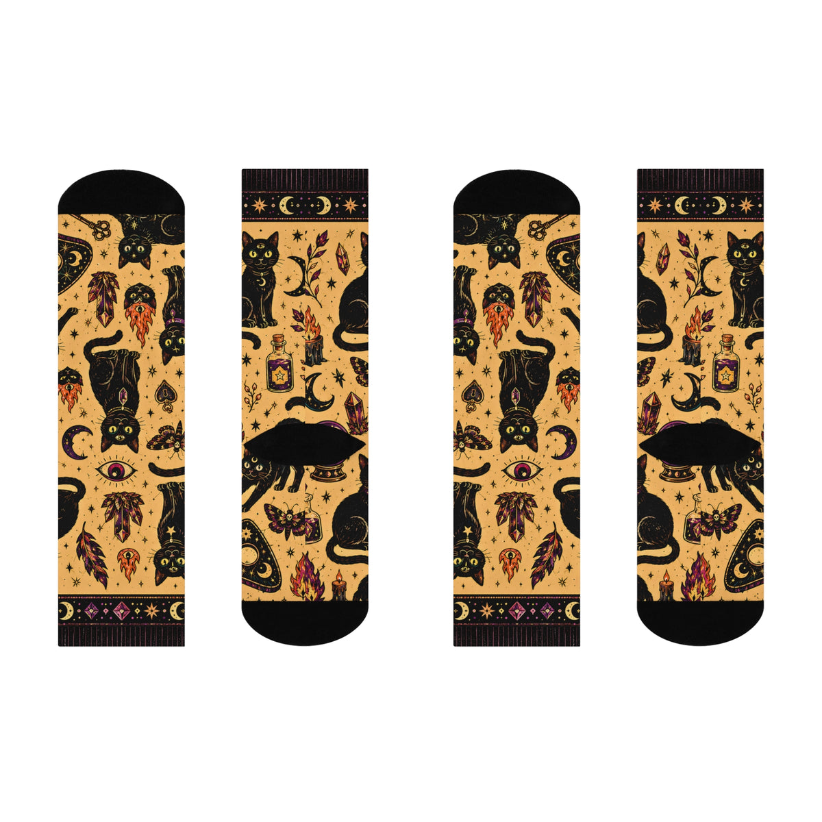 Black Cat Pattern Cushioned Crew Socks | Witchy Moon and Flame Motifs