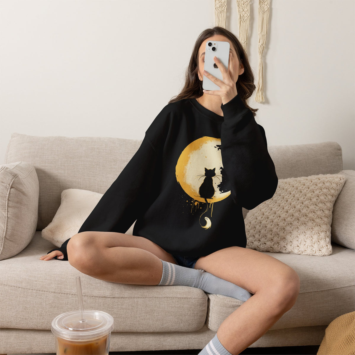 Cat Silhouette on Crescent Moon sweatshirt | Night Sky, Drip Moon Art