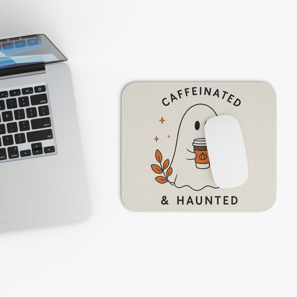 Caffeinated & Haunted Mouse Pad | Halloween Ghost Coffee Desk Mat
