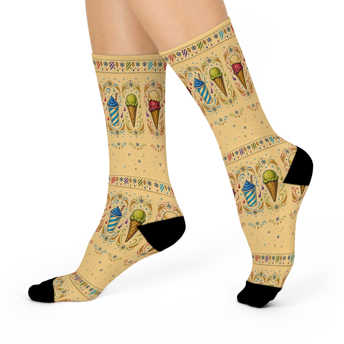 Winter Treat Socks, Ice Cream Snow Cone and Slushie Crew Socks, Retro Dessert Gift, Colorful Foodie Stocking Stuffer