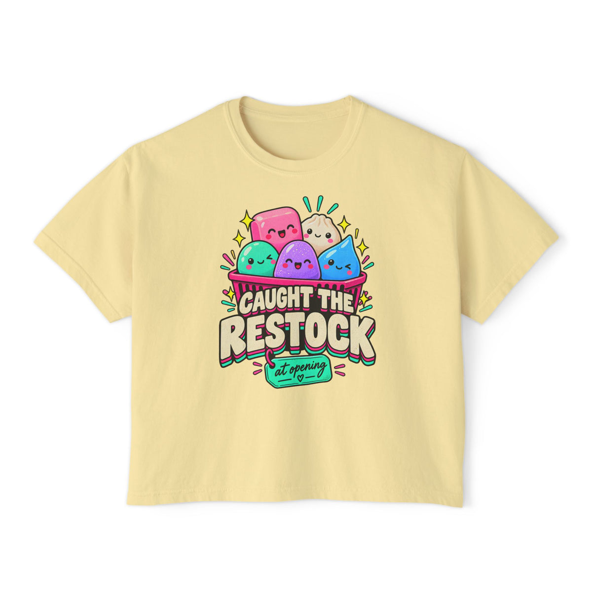 Caught the Restock Crop Tee, Squishy Hunting Shirt, Cute Sensory Toy Collector Top, Kawaii Restock Graphic Tee
