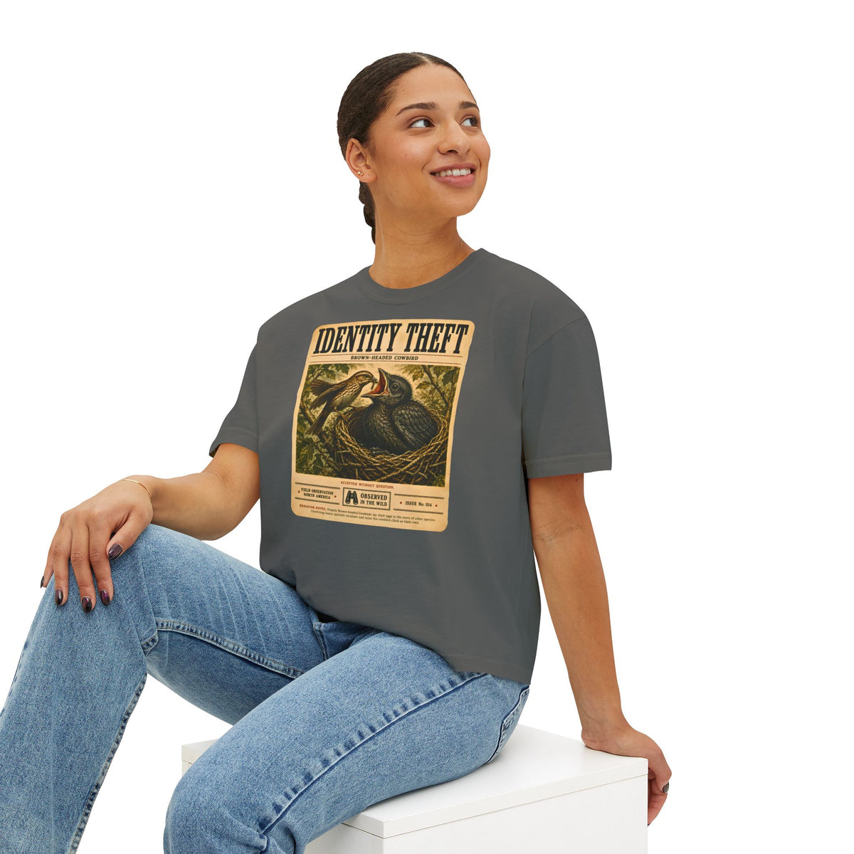 Identity Theft Boxy Tee | Cowbird Birdwatching Shirt | Vintage Nature Graphic Tee | Funny Ornithology Gift | Wildlife Poster