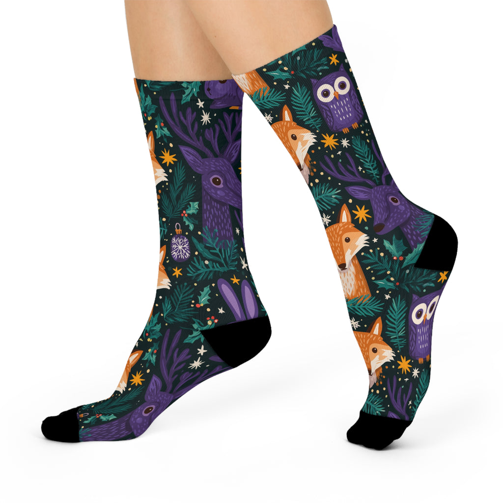 Woodland Animal Christmas Crew Socks | Fox Owl Reindeer Print