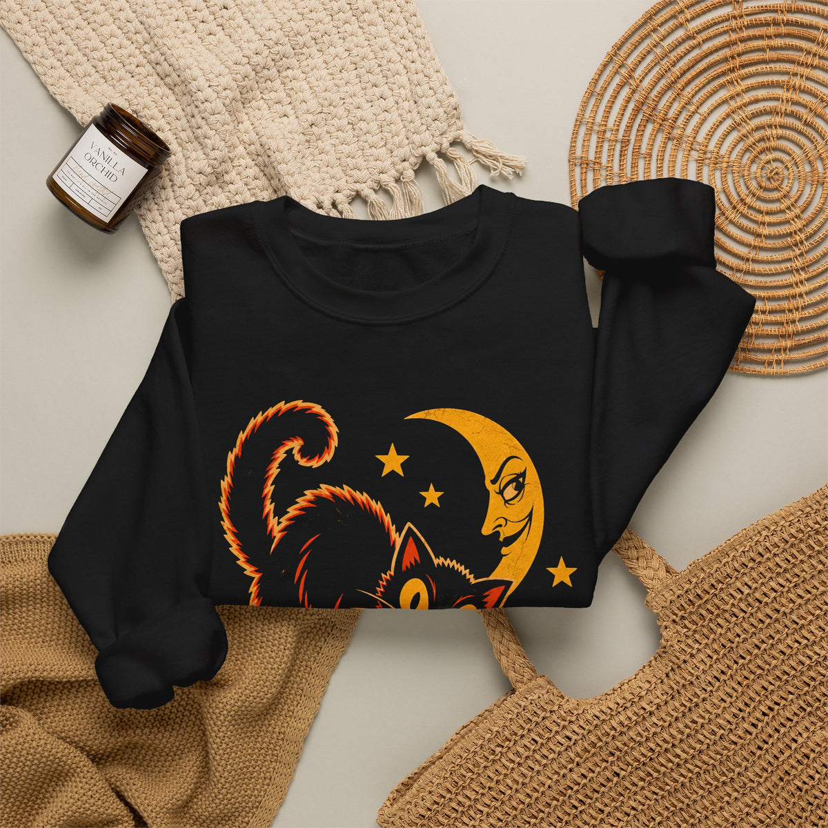 Vintage Halloween Black Cat Sweatshirt, Retro Pumpkin Moon Crewneck, Weird Spooky Cat Gildan 18000 Halloween Sweater