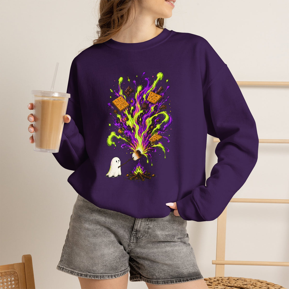 Halloween Ghost Smores Sweatshirt, Neon Spooky Campfire Crewneck, Cute Ghost Marshmallow Shirt, Halloween Camping Sweatshirt
