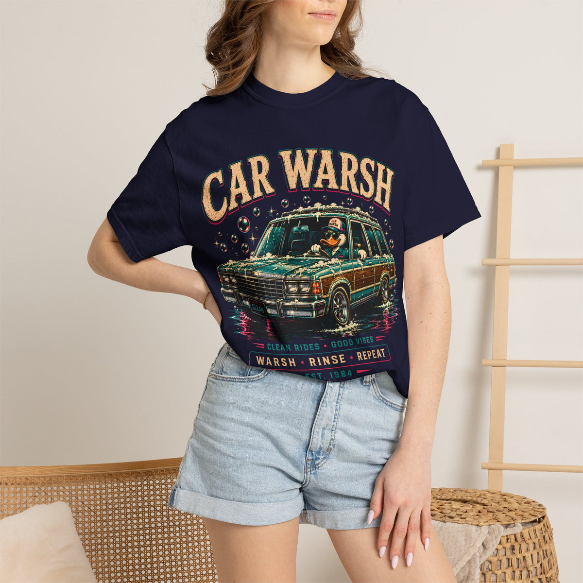 Car Warsh Shirt | Warsh Rinse Repeat Tee | Funny Midwest Car Wash Graphic T-Shirt | Retro Duck Wagon Shirt | Clean Rides Good Vibes