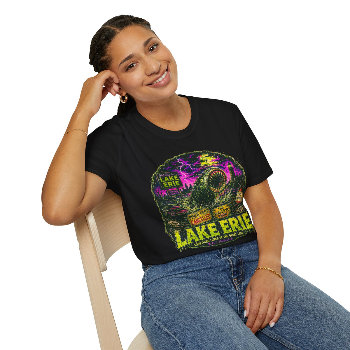 Lake Erie Cryptid Horror Graphic, Midwest Gothic Monster Apparel, Walleye Know Retro Tourism Design, Analog Horror Streetwear