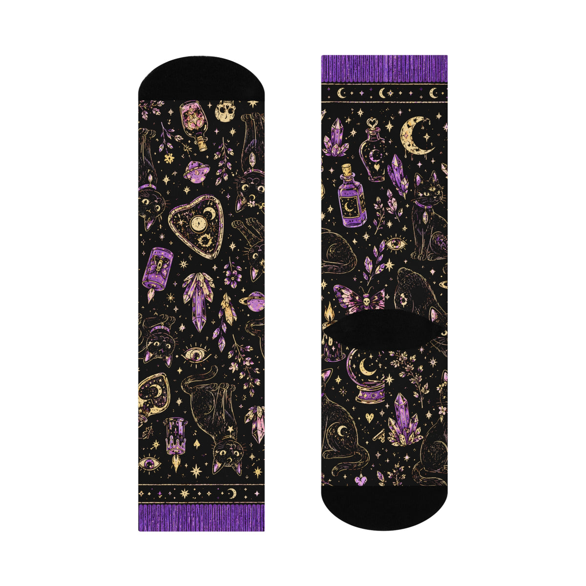 Black Cat Magic Crew Socks | Witchy Moon, Crystals & Candles