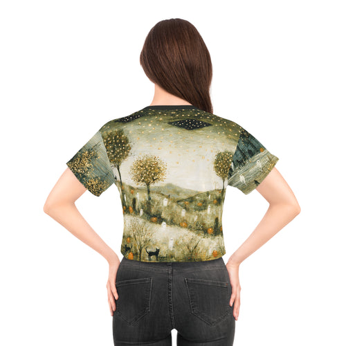 Autumn Fox Meadow Crop Tee | All-Over Print Fall Landscape