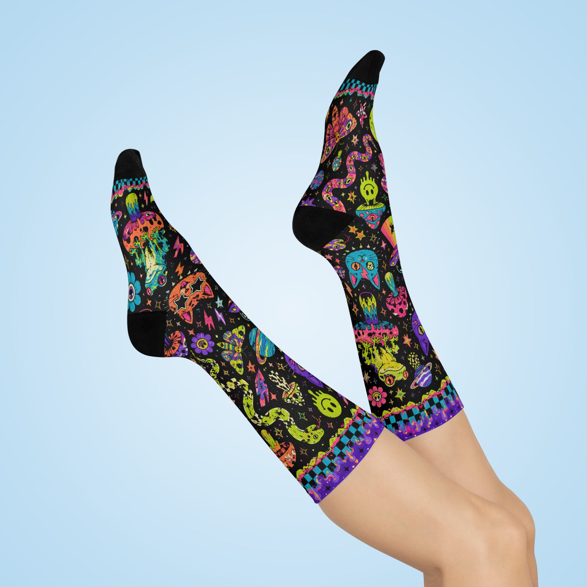Neon Cosmic Cats Cushioned Crew Socks | Psychedelic Space Pattern