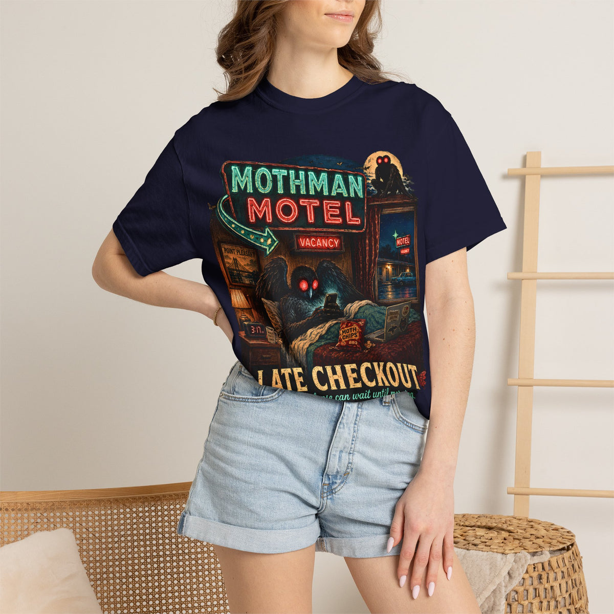 Mothman Motel Late Checkout T-Shirt | Cryptid Retro Horror Art