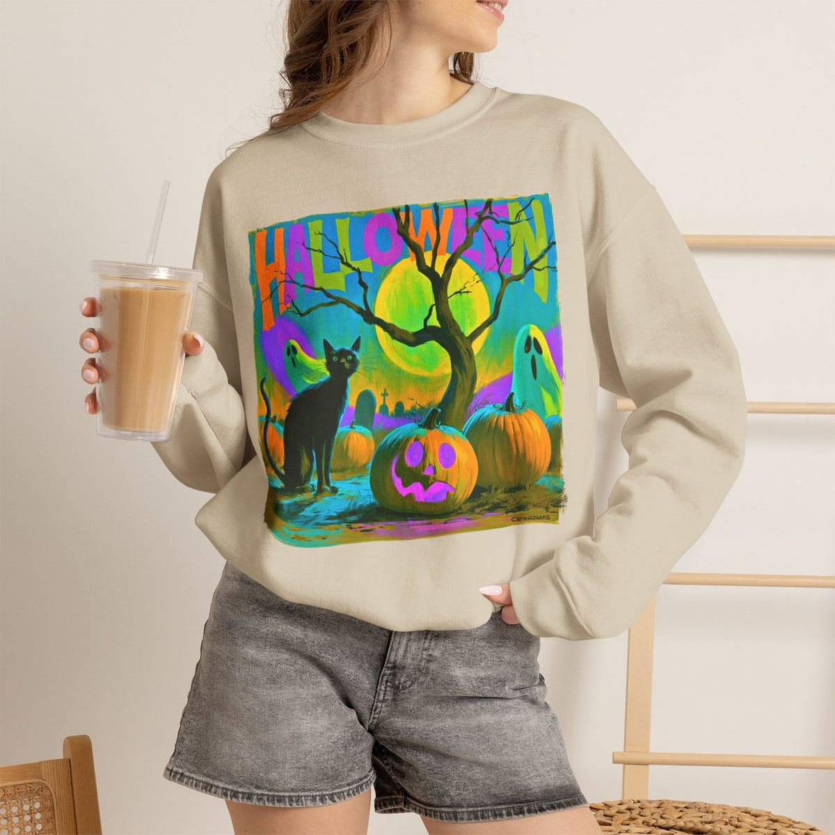 Colorful Halloween Sweatshirt, Black Cat Ghost Pumpkin Crewneck, Neon Spooky Halloween Shirt, Retro Halloween Sweater