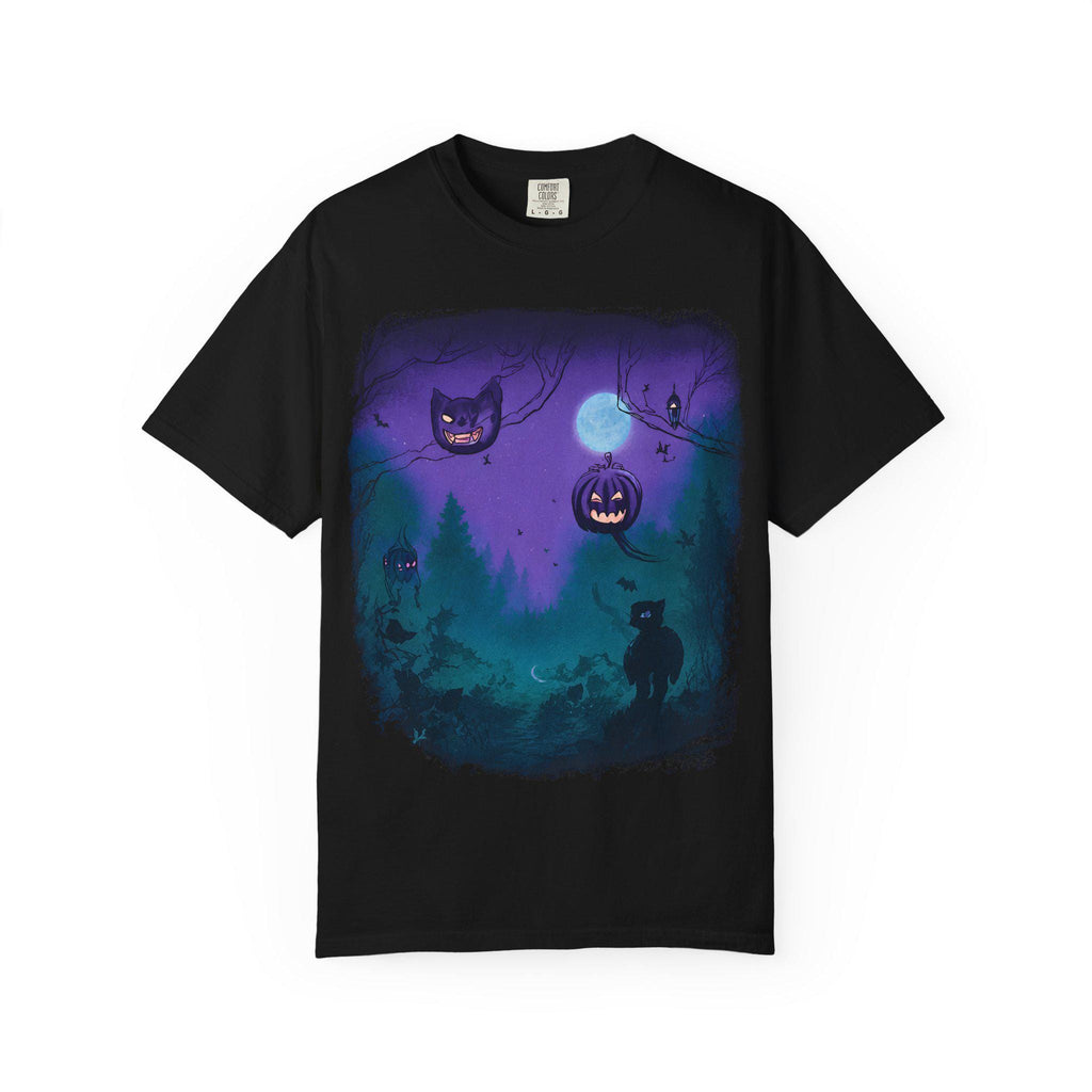 Spooky Jack-o'-Lantern Night T-shirt | Halloween Cat Moon Forest