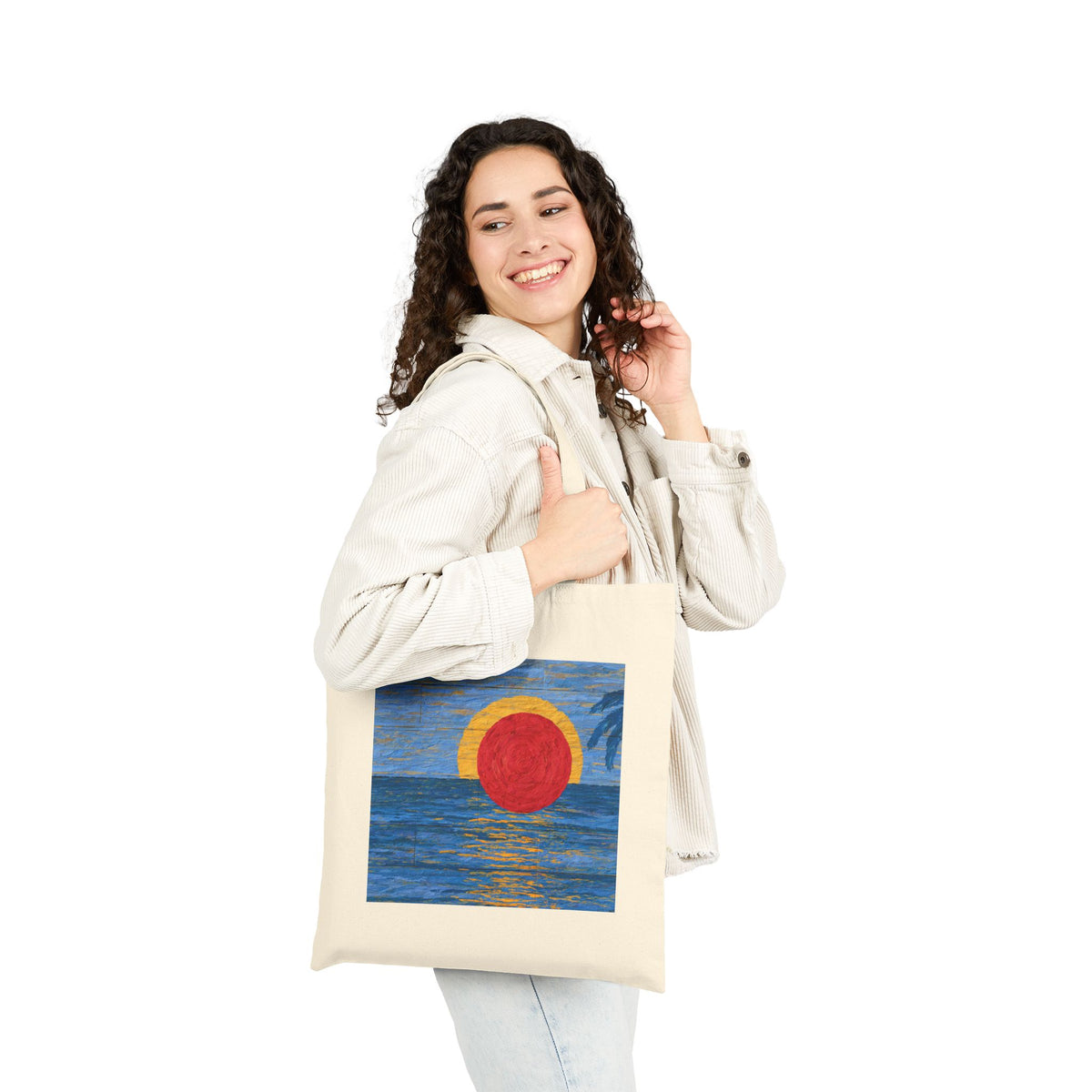 Coastal Sunset Wave Canvas Tote Bag, Tropical Beach Art Market Bag