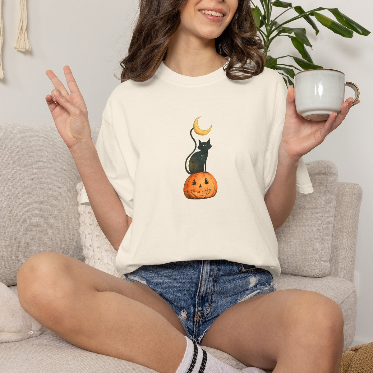 Black Cat on Jack-o'-Lantern T-Shirt | Crescent Moon Halloween Tee