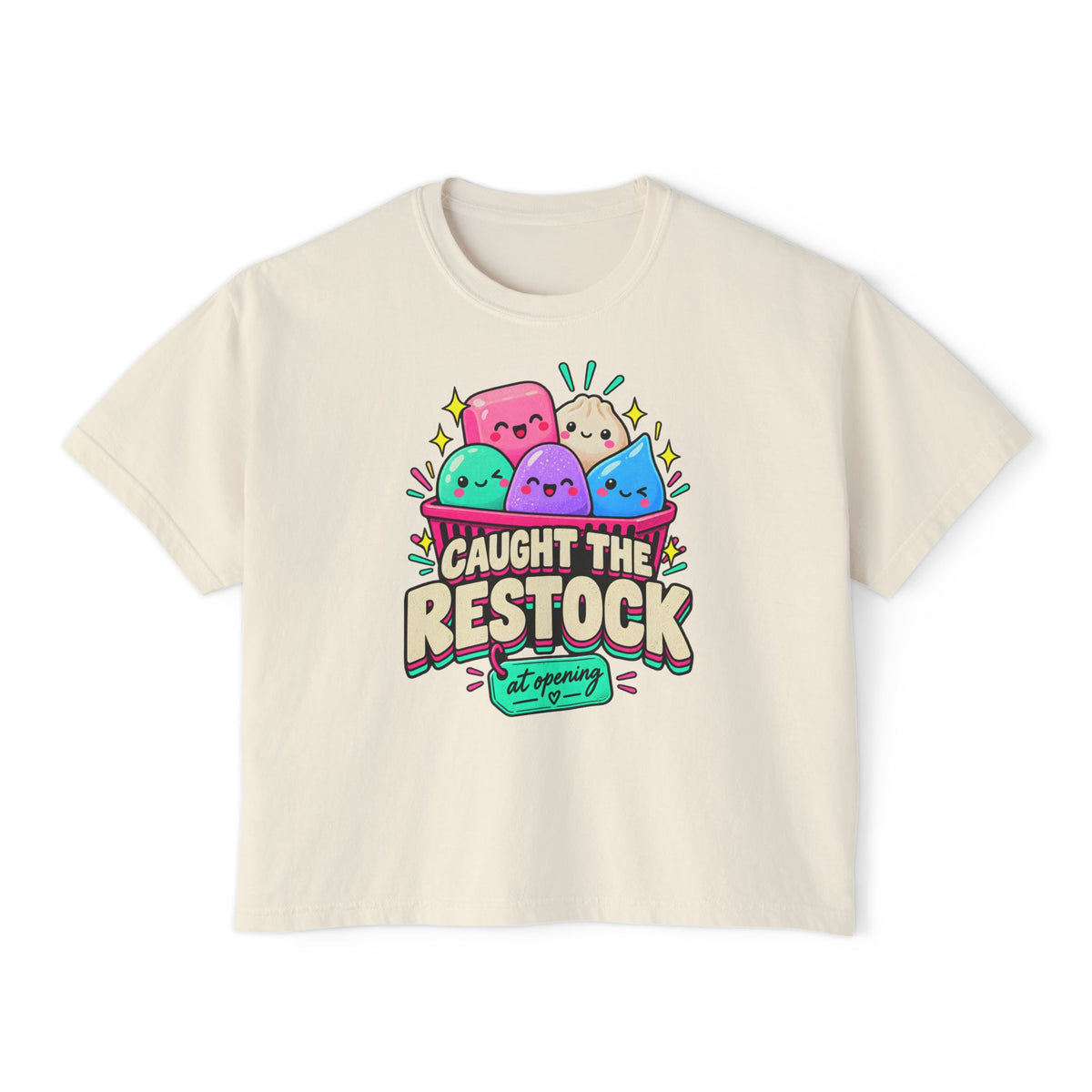 Caught the Restock Crop Tee, Squishy Hunting Shirt, Cute Sensory Toy Collector Top, Kawaii Restock Graphic Tee